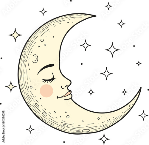Dreamy crescent moon with closed eyes serenely floats among twinkling stars in a gentle night sky