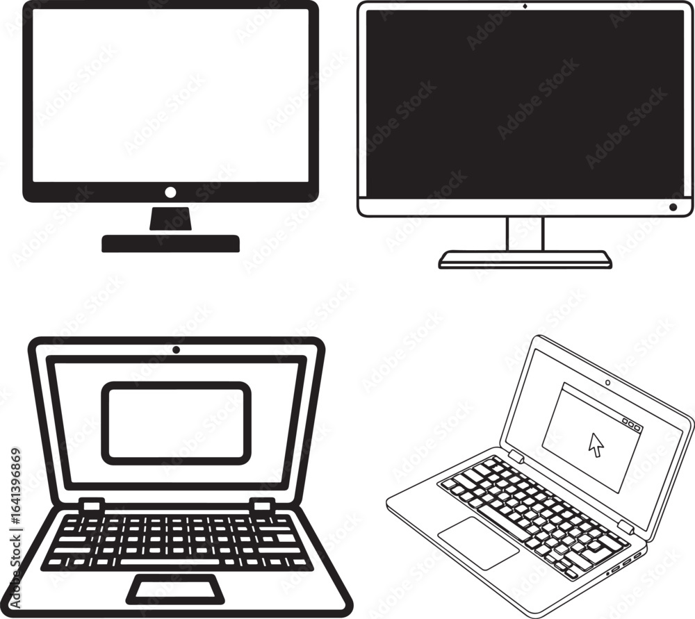 Fototapeta premium Black and white computer device vector illustration of desktop and laptop technology