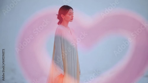 Serene Coastal Portrait: A Woman in a Heart-Shaped Light