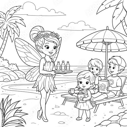 Adorable fairy serving drinks to friends relaxing on a tropical beach coloring page