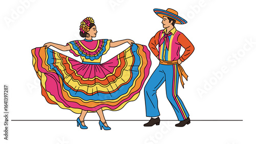 Couple in colorful traditional folkloric costumes performing a Latin dance celebration