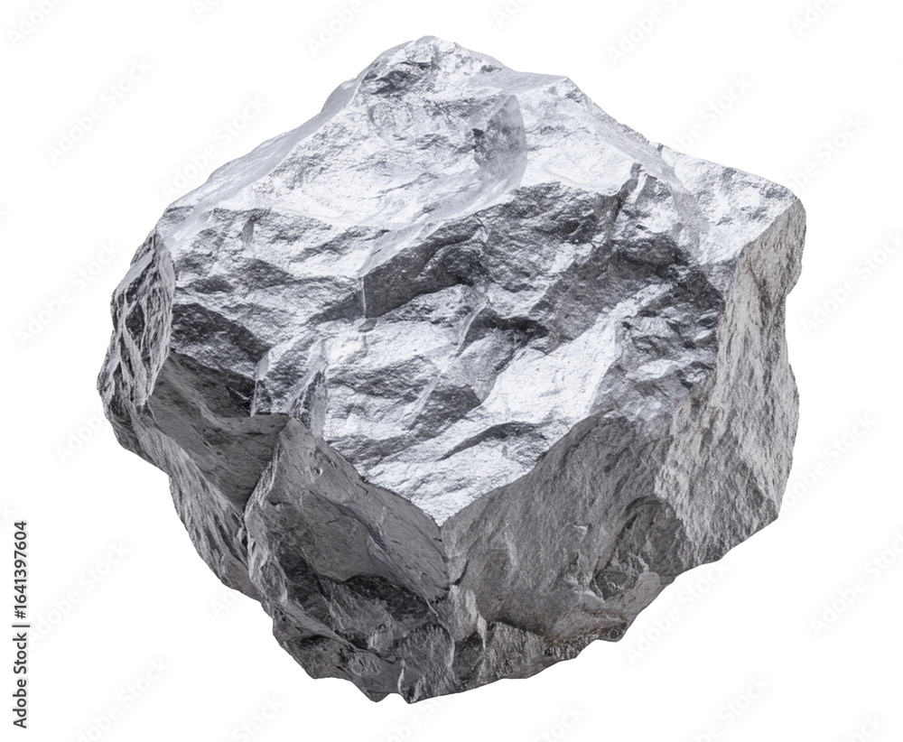 Fototapeta premium Unique silver rock levitating above a neutral background, showcasing its jagged surfaces and metallic sheen in a creative display of natural beauty