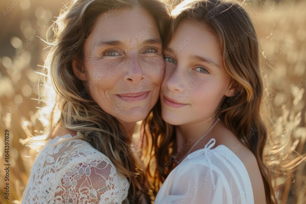Obraz premium Mother and daughter wearing white dresses are posing together in a golden field, enjoying a tender moment