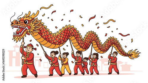 Cartoon illustration of a traditional dragon dance at a festive Lunar New Year parade