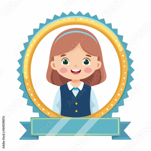 Cartoon schoolgirl portrait in decorative badge frame for graphic use or illustration