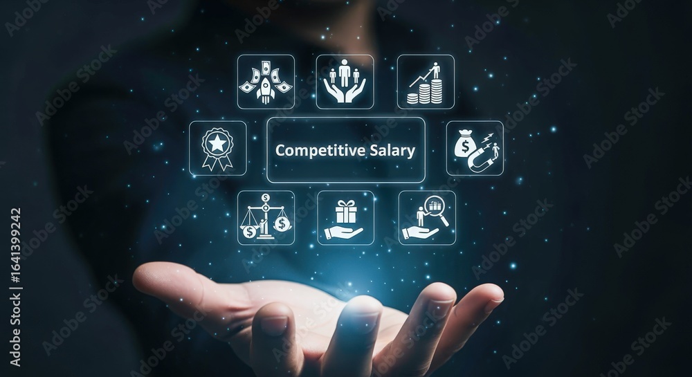 Fototapeta premium Competitive Salary Concept: Hand Holding Digital Icons Representing Compensation, Benefits, and Financial Growth