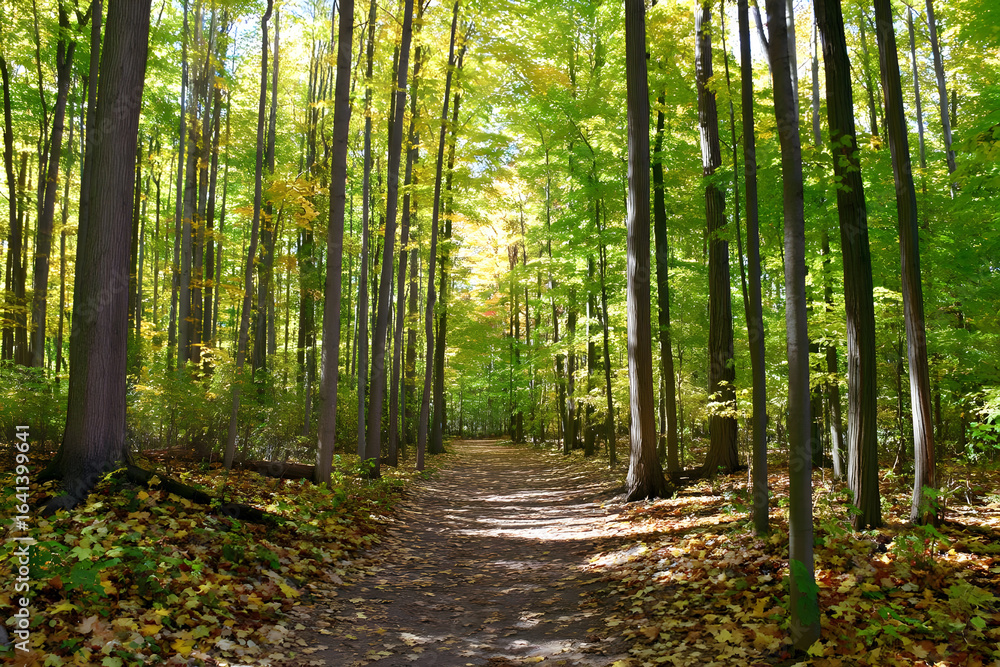 Obraz premium Peaceful forest trail path surrounded by tall green trees and sunlight through foliage autumn season nature landscape relaxing walk