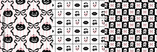 Cute coquette whimsical halloween pattern in black and blush pink. Featuring skull, ghost cherry, pumpkin in wavy grid style background. Perfect for paper good, fabric, stationary, banners etc. 