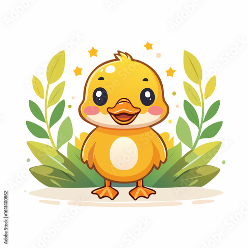 Cute yellow chick surrounded by leafy greenery exudes springtime charm and joyfulness