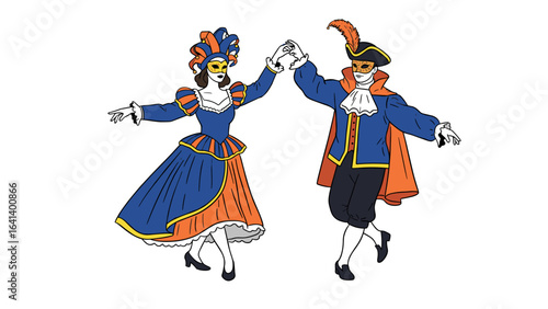 Elegant couple in historical costumes and masks dancing at a Venetian carnival.