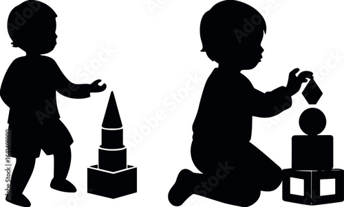 Children silhouette, playing blocks, constructive play, early development, motor skills, spatial learning, black vector, educational activity, childhood creativity, isolated design