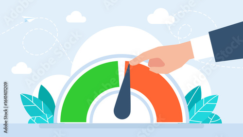 Risk management and prevention concept. Hand of manager is stopping some dangerous scale. Emotional overload and burnout concept. Psychological stability of employees. Vector illustration