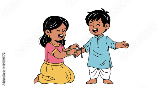 Joyful sister tying a traditional rakhi on her brother's wrist for Raksha Bandhan