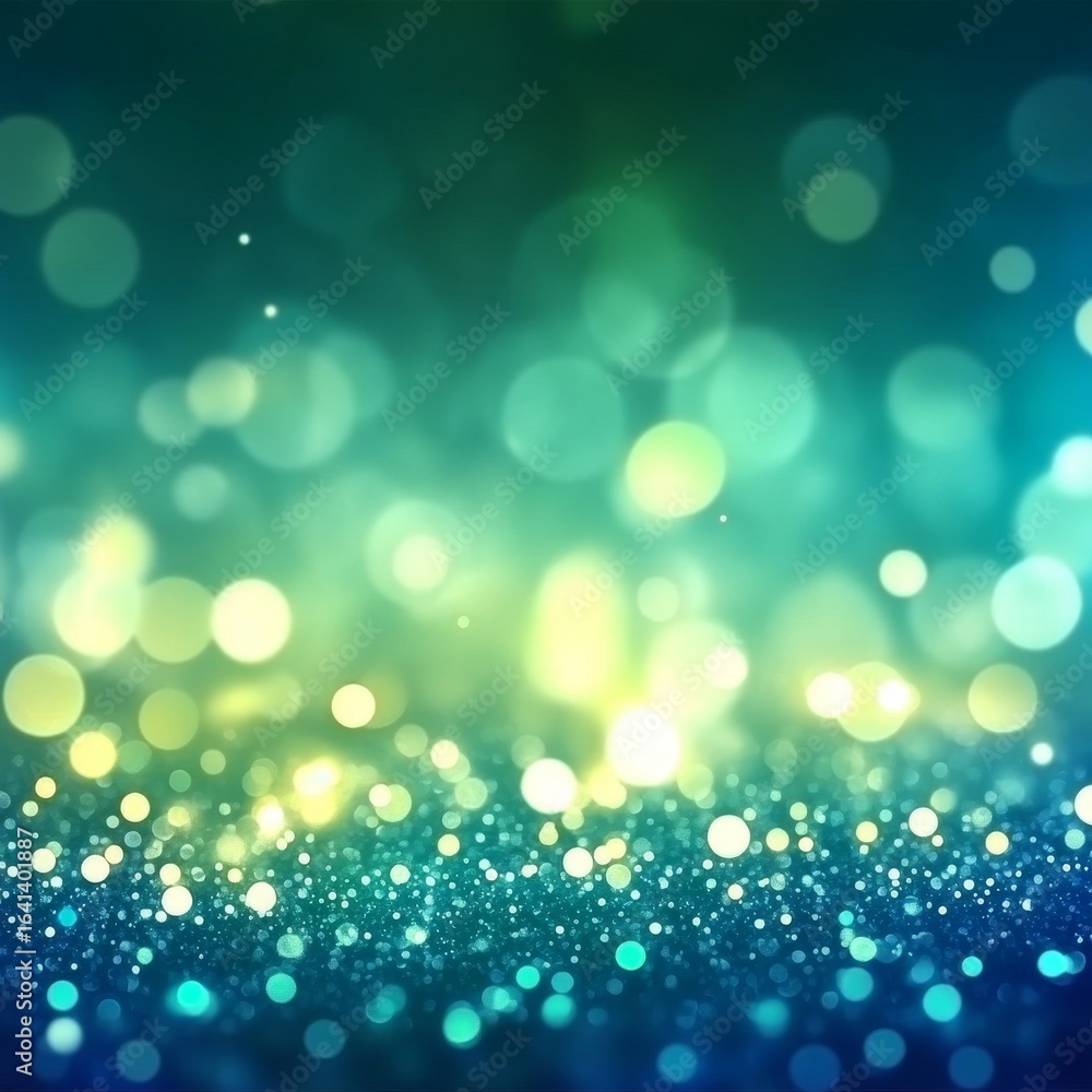 Obraz premium Abstract Glowing Blue Green Gradient Bokeh Background with Sparkling Light Texture and Particles