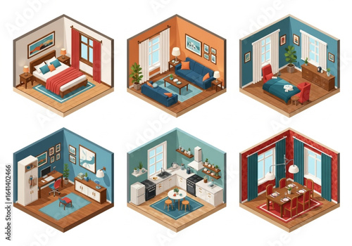 Vector Isometric Home Rooms Set: Cross Sections of Bedroom, Living Room, Kitchen & More