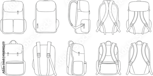 CAD drawing flat vector illustration of multiple backpack views, technical fashion sketches, school bag design, minimal outline, zipper pockets, straps.