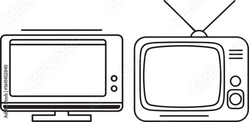 Two vintage televisions, linear black and white illustration
