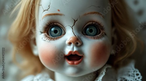 Cracked porcelain doll face with blue eyes and blonde hair close-up  