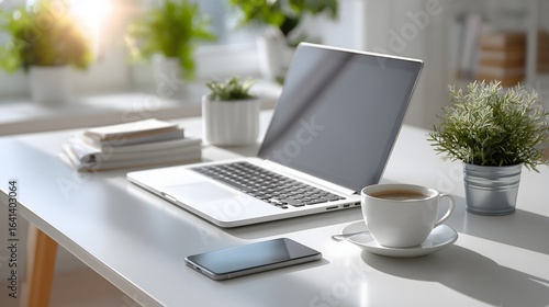 Wallpaper Mural Clean modern workstation with laptop, smartphone, coffee, and plants in soft sunlight Torontodigital.ca