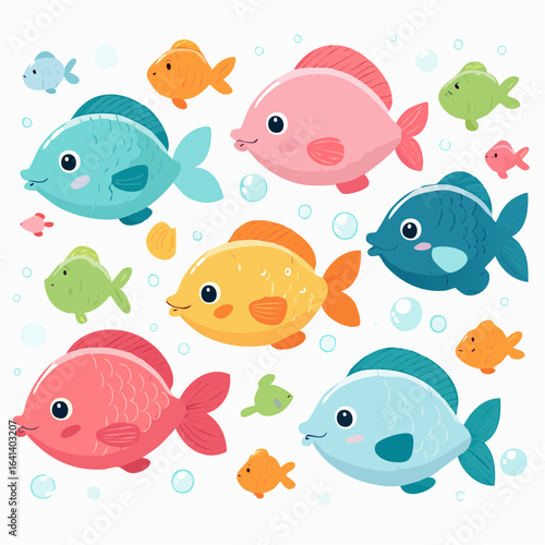 Colorful and playful underwater world with various cute cartoon fishes swimming happily