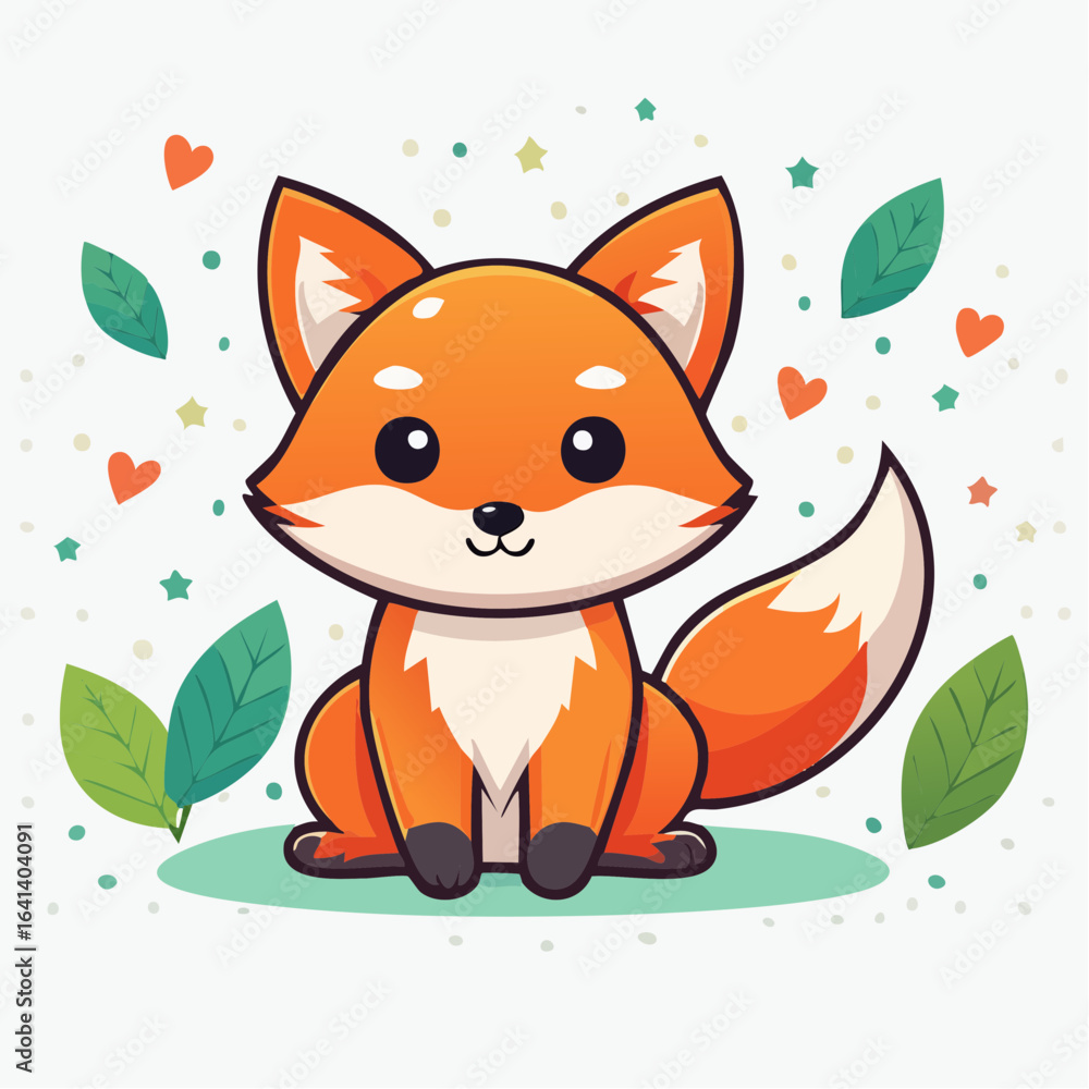 Obraz premium Adorable Cartoon Fox Surrounded by Hearts, Stars and Leaves in a Playful Setting