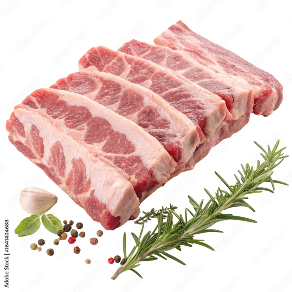 Fototapeta premium Raw pork ribs with rosemary garlic and peppercorns isolated on transparent background