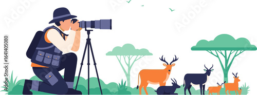 Vector art of photographer taking pictures of wildlife in savanna