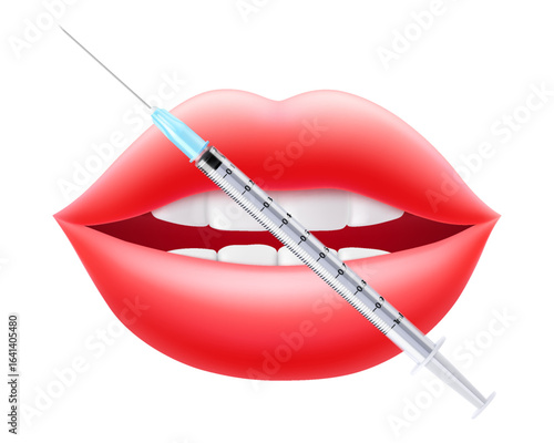 Vector illustration of pink lips with injection syringe. Perfect for beauty, makeup, and lip augmentation concept. Woman's kiss, a smile. Glossy and glamorous look. 3D realistic lips in vibrant color.