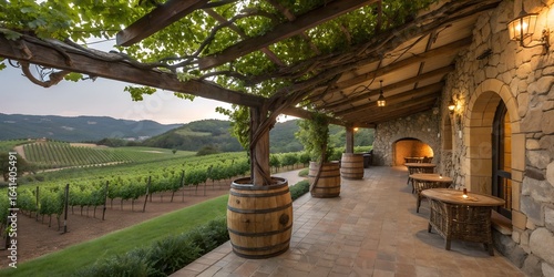 View of vineyard from stone patio with wooden pergola and barrels holding vines at a winery estate