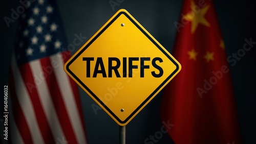 Yellow tariffs warning sign with american and china flags in background, representing tariff increase and import tax in international politics