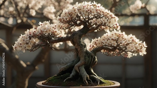 Exquisite Flowering Bonsai Tree with Delicate White Blossoms. Traditional Japanese Art and Serenity.