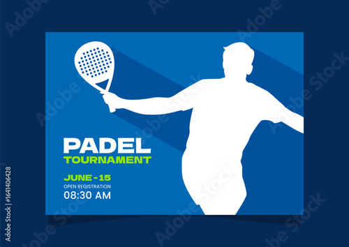 Padel competition banner. Background with silhouettes of padel player, ball, and racket. Vector illustration of padel athlete.