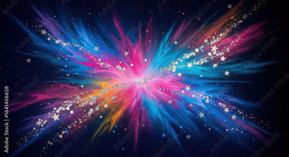 Obraz premium Vibrant abstract cosmic explosion of neon colored light with layered airbrush effects and splattered metallic inks.