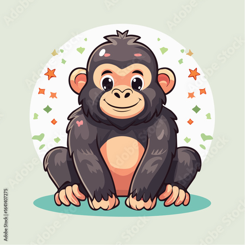 Adorable cartoon chimpanzee sitting surrounded by colorful confetti illustration