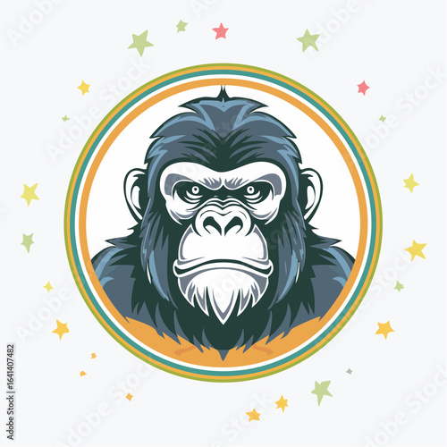 Cartoon Gorilla Portrait in Circular Frame with Starry Backdrop: Playful Animal Art