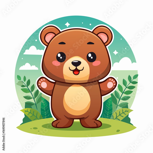 Adorable cartoon brown bear character illustration surrounded by greenery and a cheerful sky