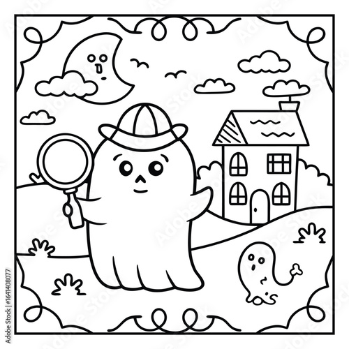 Ghost on the Dark Halloween Coloring Page – Spooky Haunted Night Scene with Ghosts, Pumpkins, and Bats Line Art for Kids and Adults. Halloween Coloring Pages