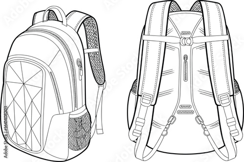 CAD drawing flat vector illustration of technical backpack front and back view, zipper detail, travel bag sketch, fashion design template.