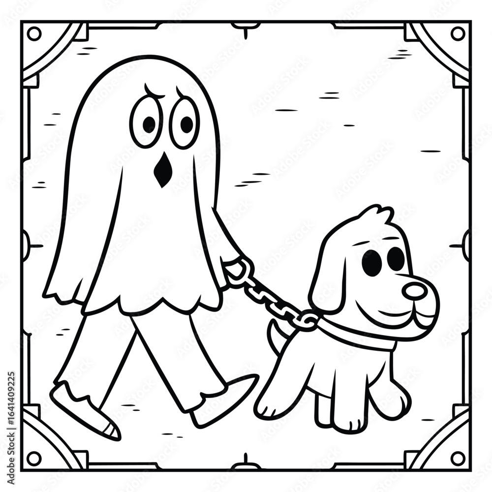 Obraz premium Ghost on the Dark Halloween Coloring Page – Spooky Haunted Night Scene with Ghosts, Pumpkins, and Bats Line Art for Kids and Adults. Halloween Coloring Pages
