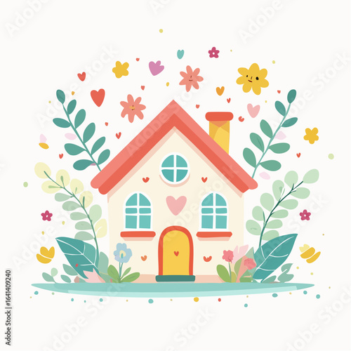 Charming illustrated house amidst whimsical floral accents evoking a sense of home