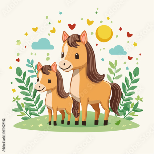 Whimsical illustration of a mother horse and foal amidst hearts, stars, and nature elements