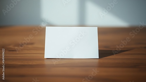 A blank notecard placed on a wooden desk with soft diffused lighting and shallow focus.