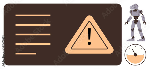 Warning triangle with exclamation mark, text lines, robot figure, and partial gauge. Ideal for technology, automation, risk, safety system monitoring AI and alert concepts. Simple flat metaphor