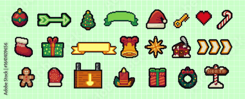 Christmas and New Year icons set in pixel art design. Set of Xmas icons of Christmas tree, present, snowman, arrow, emoji. Pixel art vector illustration