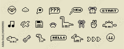 Pixels Y2k funny playful cute dinosaurs, frames, icon stickers 8-bit retro style vector illustration for social media. Set of pixel art. Emoji pixelated icons.
