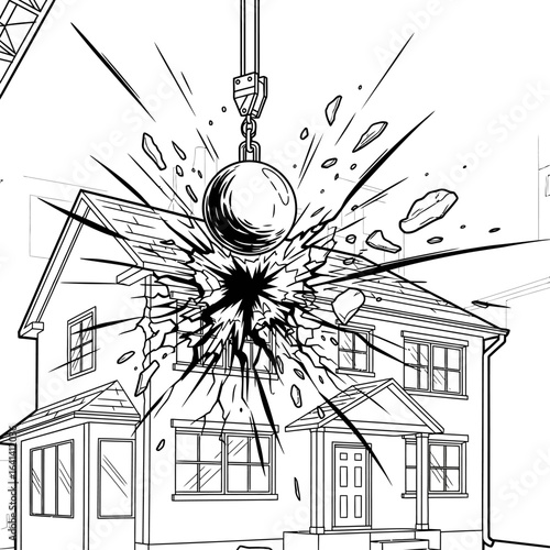 A wrecking ball demolishing a house in a black and white line art illustration style with debris flying