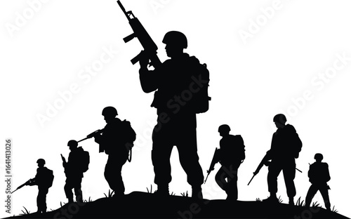 Silhouette of Armed Soldiers on Patrol in Combat Formation, Military Mission, War Zone, Army Troops Ready, Defense and Security