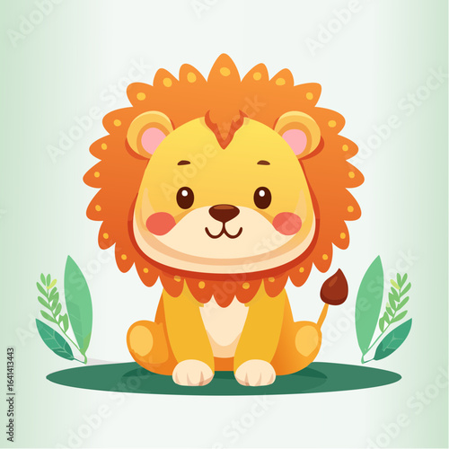 Adorable Cartoon Lion Cub Sitting Calmly Amidst Lush Greenery, a delightful illustration