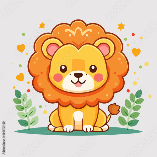 Adorable Cartoon Lion Cub Illustration with Playful Background Elements and Warm Colors