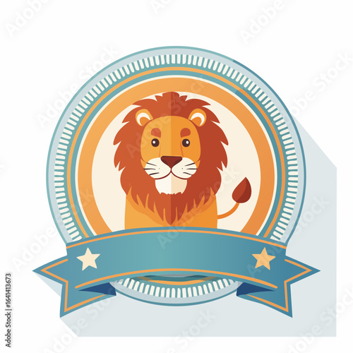 Lion head illustration in a decorative emblem, featuring a ribbon banner design